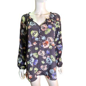 Rebecca Taylor Floral Print Silk Long Sleeve Blouse Size 2 Black Multicolor EUC